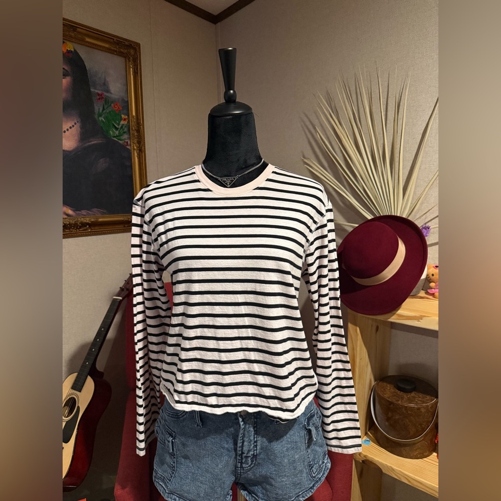 ATM Anthony Thomas Melillo Black and Baby pink Striped Long-Sleeve Crewneck